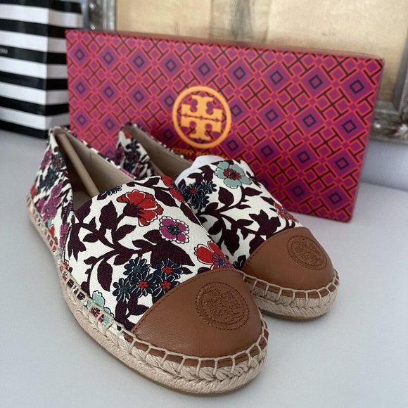 Tory Burch Color Block Flat Espadrilles Printed Canvas Nappa Leather Size 6.5 - Picture 1 of 7